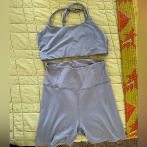 Girlfriend Collective Sea Glass Float Run shorts and Juliet Bra